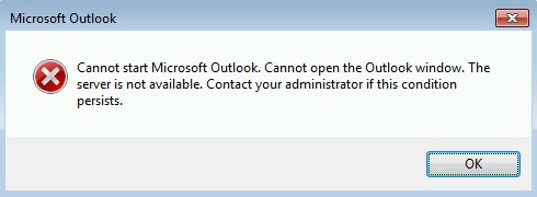 Screenshot of Cannot start Microsoft Outlook error details.