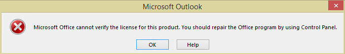 Screenshot of Microsoft Office cannot verify the license for this product error details.
