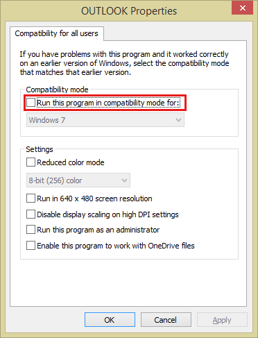 Screenshot of the Compatibility for all users settings in Outlook 2010.