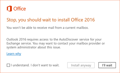 Screenshot of the error message when you upgrade to Office 2016.