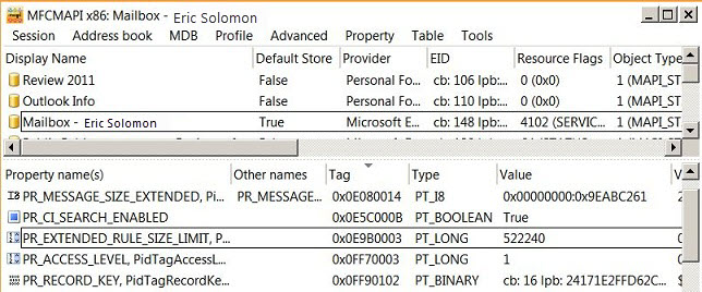 Screenshot of selecting PR_EXTENDED_RULE_SIZE_LIMIT property.