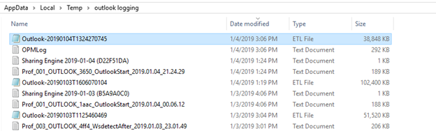 Screenshot of File Explorer window when you select on the Outlook Logging folder.