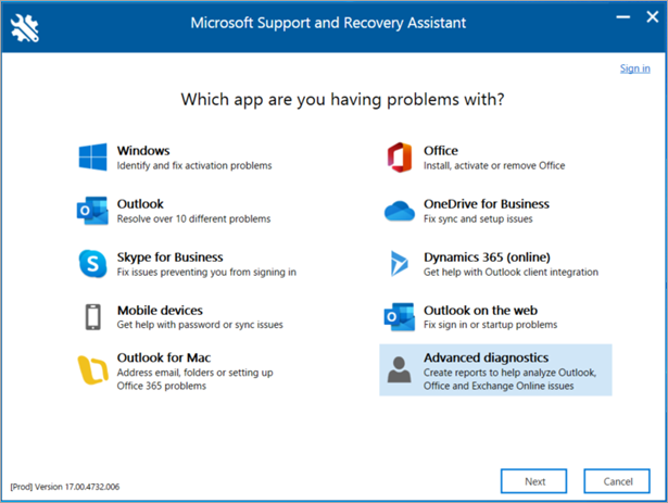 https://learn.microsoft.com/en-us/outlook/troubleshoot/client/performance/media/how-to-scan-outlook-by-using-microsoft-support-and-recovery-assistant/advanced-diagnostics.png