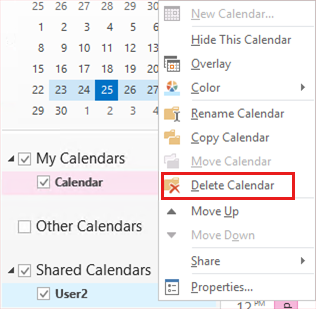 Screenshot showing how to remove a shared calendar folder.