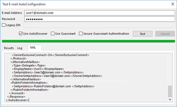 Screenshot showing the Test E-mail AutoConfiguration dialog with an automapped mailbox.