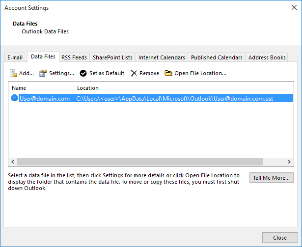 Screenshot of the Data Files tab in Account Settings in Outlook.