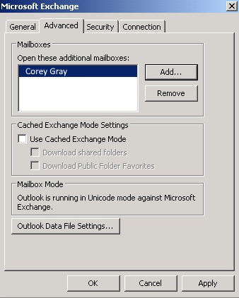 Screenshot shows the Advanced tab in Microsoft Exchange dialog.