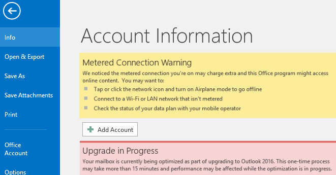 Screenshot shows the Metered Connection Warning and Upgrade in Progress messages under Account Information.