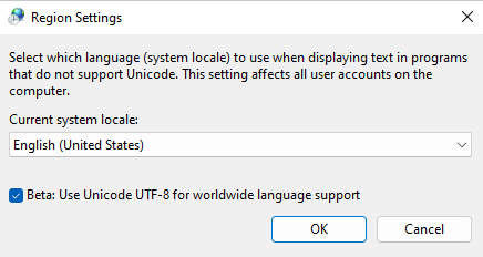 Screenshot of the Region Settings dialog box with the check box for Beta: Use Unicode UTF-8 for worldwide language support selected.