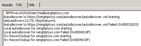 Screenshot shows information under the Log tab when ExcludeScpLookup and ExcludeHttpsAutoDiscoverDomain values are set to 1.