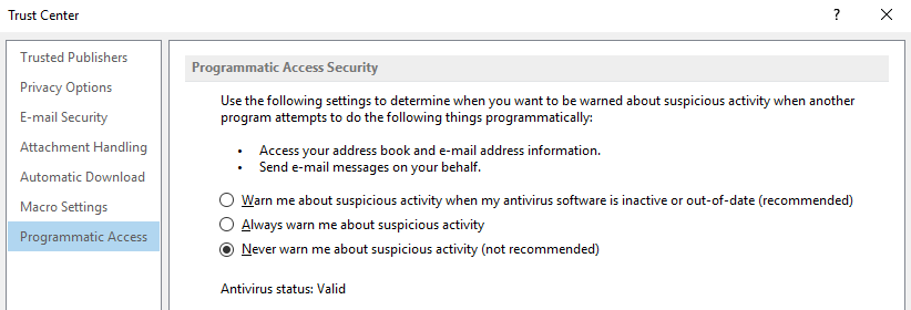 Screenshot showing that the Never warn me about suspicious activity (not recommended) option is selected in the Programmatic Access Security area.