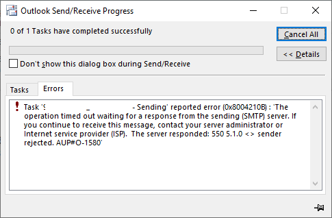 Screenshot of the Outlook Send/Receive Progress dialog box, which displays a sending error.