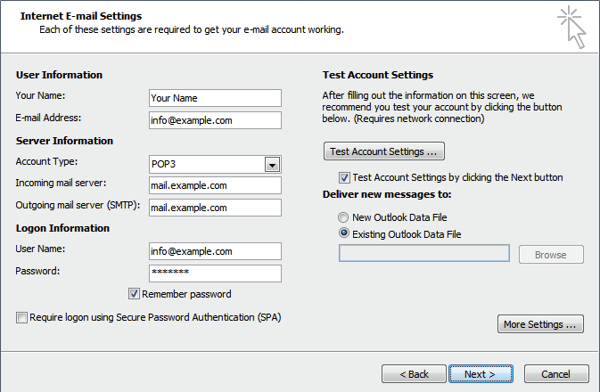 Screenshot shows the Internet Email Settings dialog box. The Existing Outlook Data File option is selected.