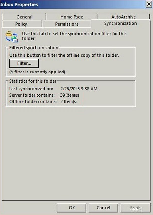 Screenshot of the Synchronization tab in Inbox Properties. In this example, Server folder contains 39 items and Offline folder contains 2 items.