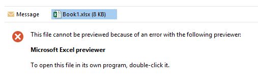 Screenshot of Excel previewer error message.