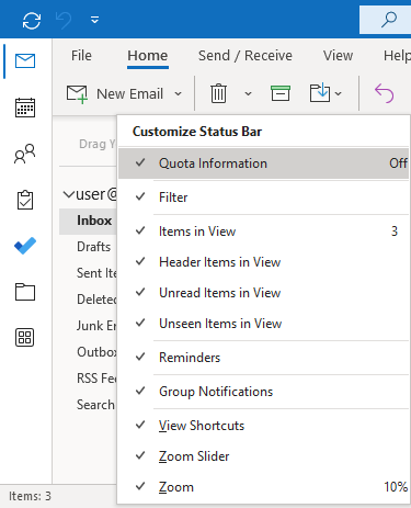Screenshot of the Quota Information menu item in the Customize Status Bar menu.