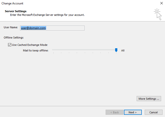 Screenshot shows the Mail to keep offline setting is set to All in Change Account dialog box.