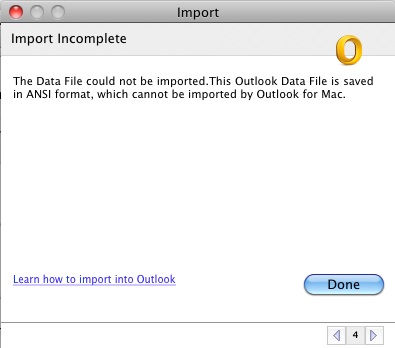 Screenshot of the Import Incomplete warning details.