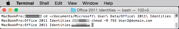 Screenshot of the Outlook 2011 identity directory Terminal window after you type the commands.