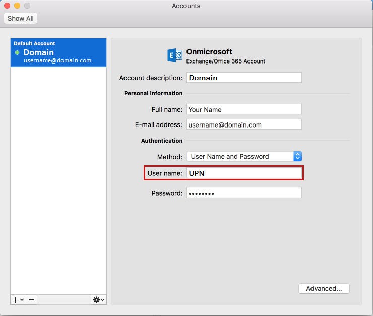 Screenshot of the Outlook 2016 for Mac Accounts dialog box.