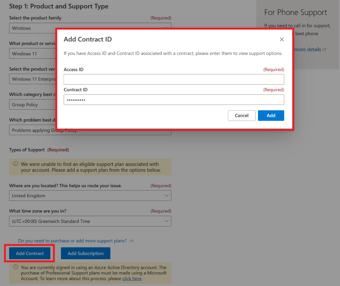 Screenshot that shows the Add Contract ID window.