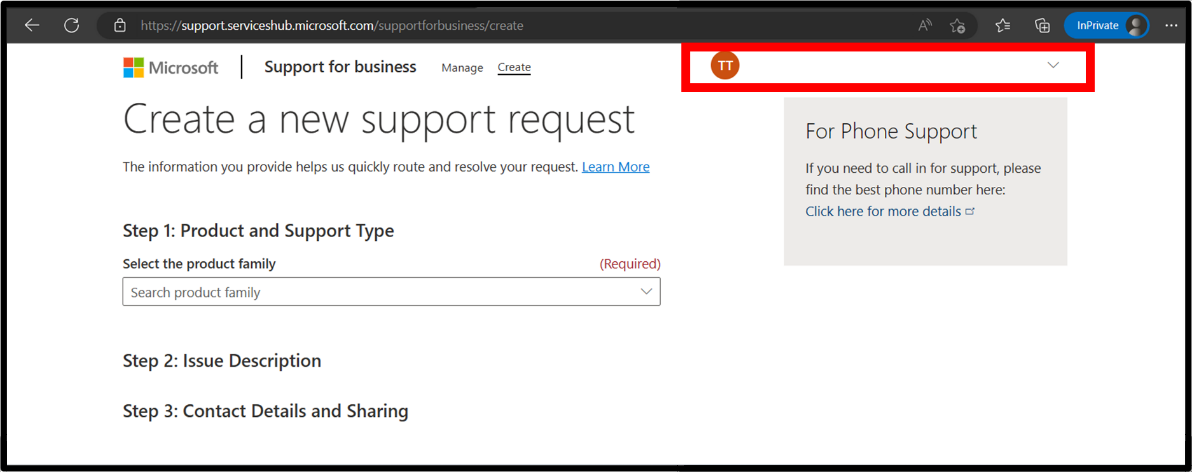 Screenshot that shows the Create a new support request screen with the user account highlighted.