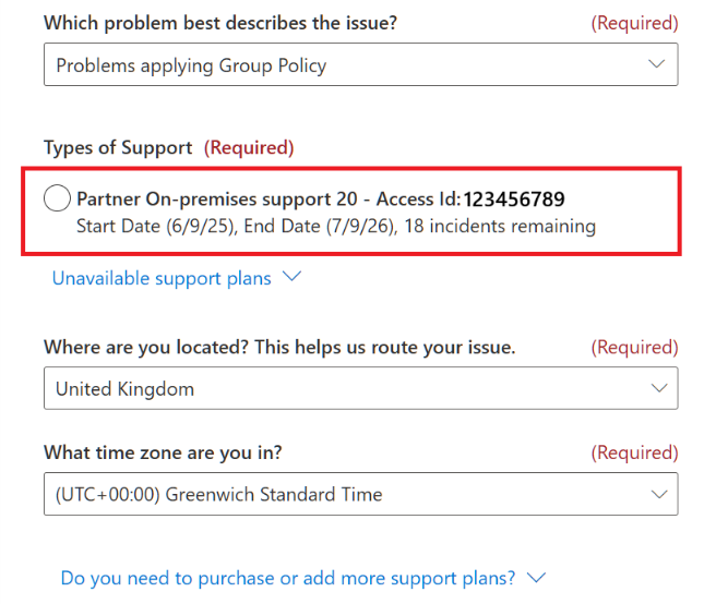 Screenshot that shows Create a new support request screen with the type of support highlighted.