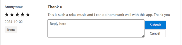 Screenshot showing a sample review edit dialog box for an offer in Microsoft Marketplace.