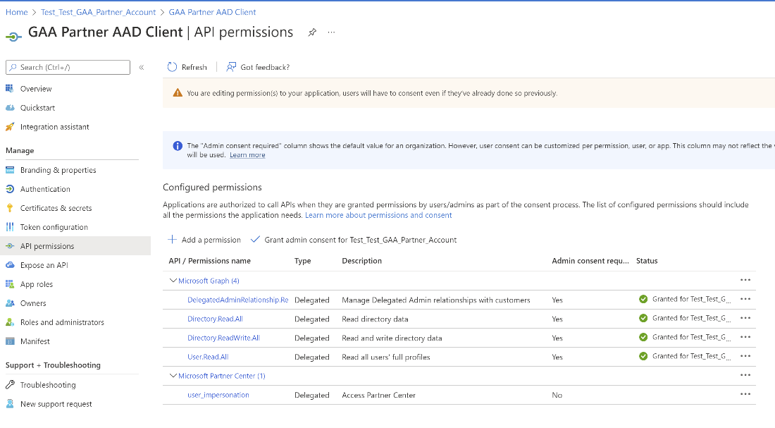 Screenshot showing partner app A P I permissions.