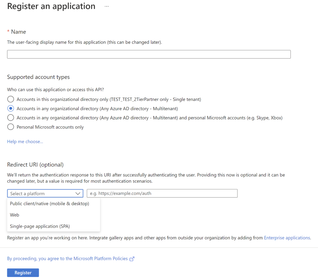 Screenshot showing Register an app modal.