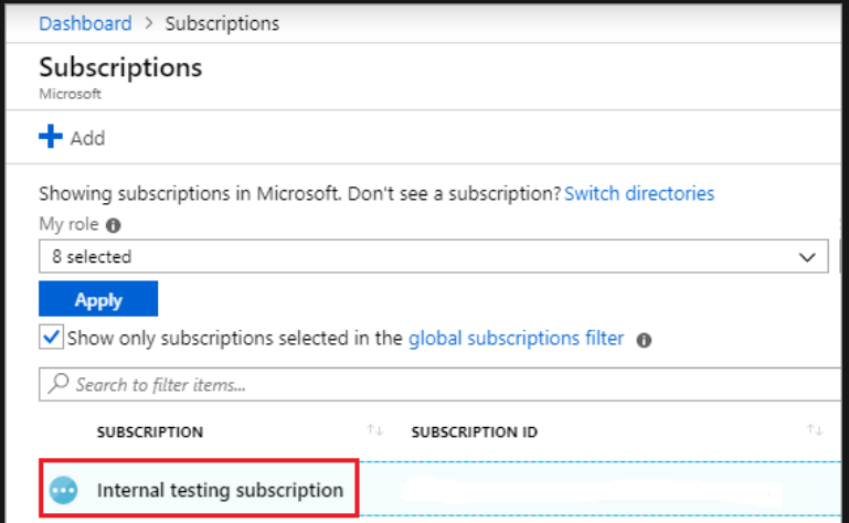 Screenshot showing the Subscriptions screen with Internal Testing flag set to true.