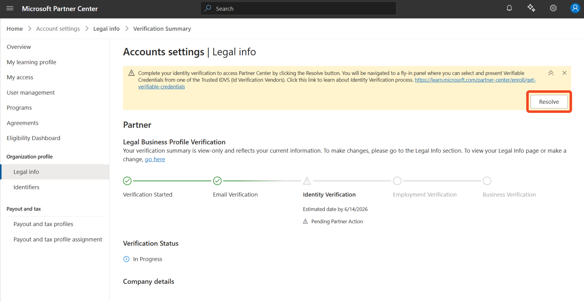 Screenshot showing the Resolve button on the Verification summary page.