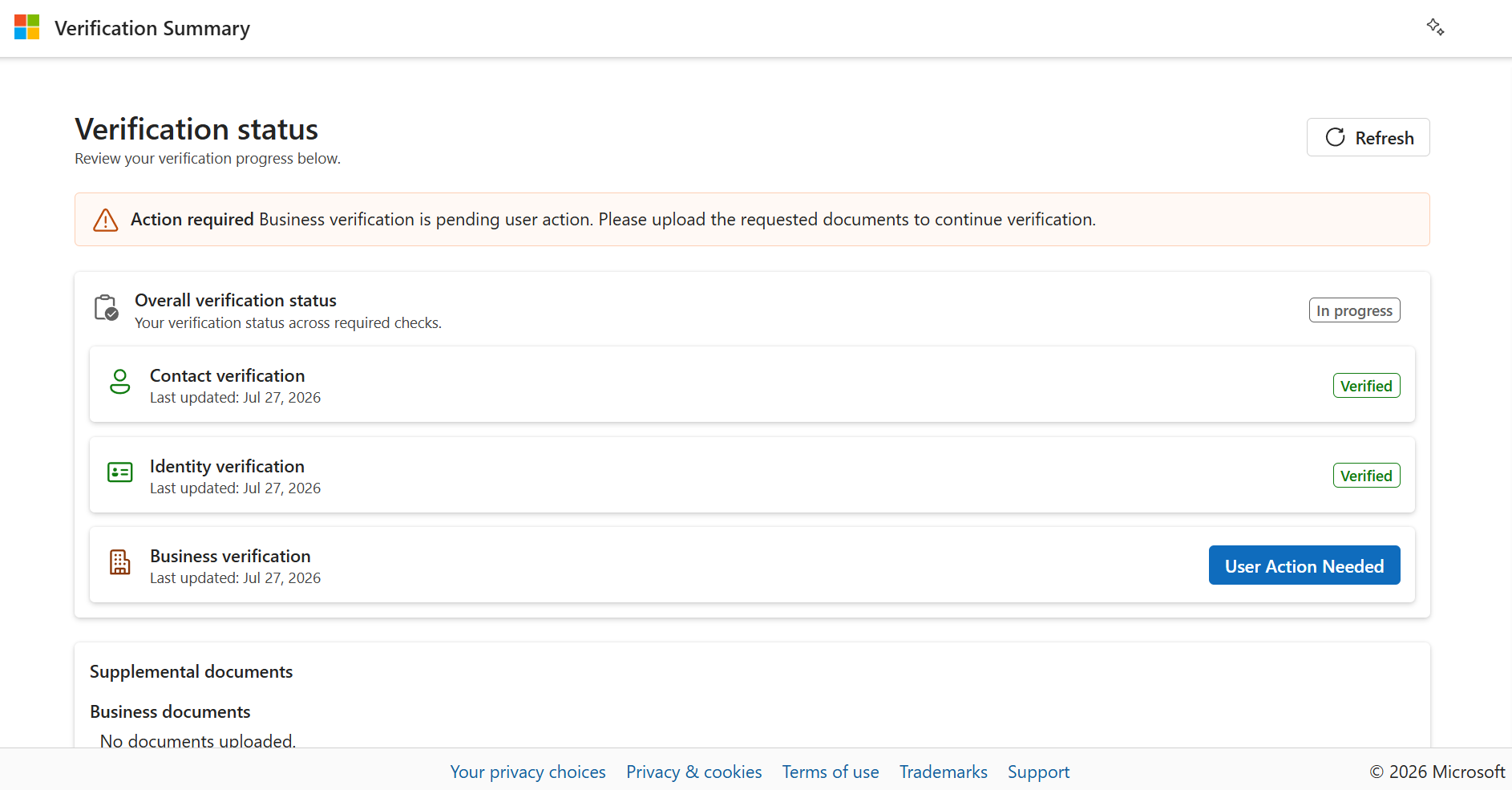 Screenshot showing the completed identity verification status on the Verification Summary page.