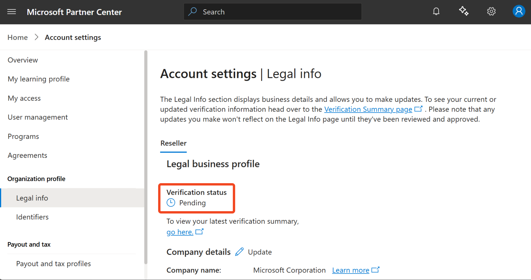 Screenshot showing the overall verification status on the Legal info page.