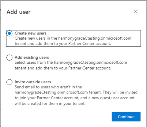 Screenshot of selecting 'Create new users' in the 'Add user' dialog box in Partner Center.