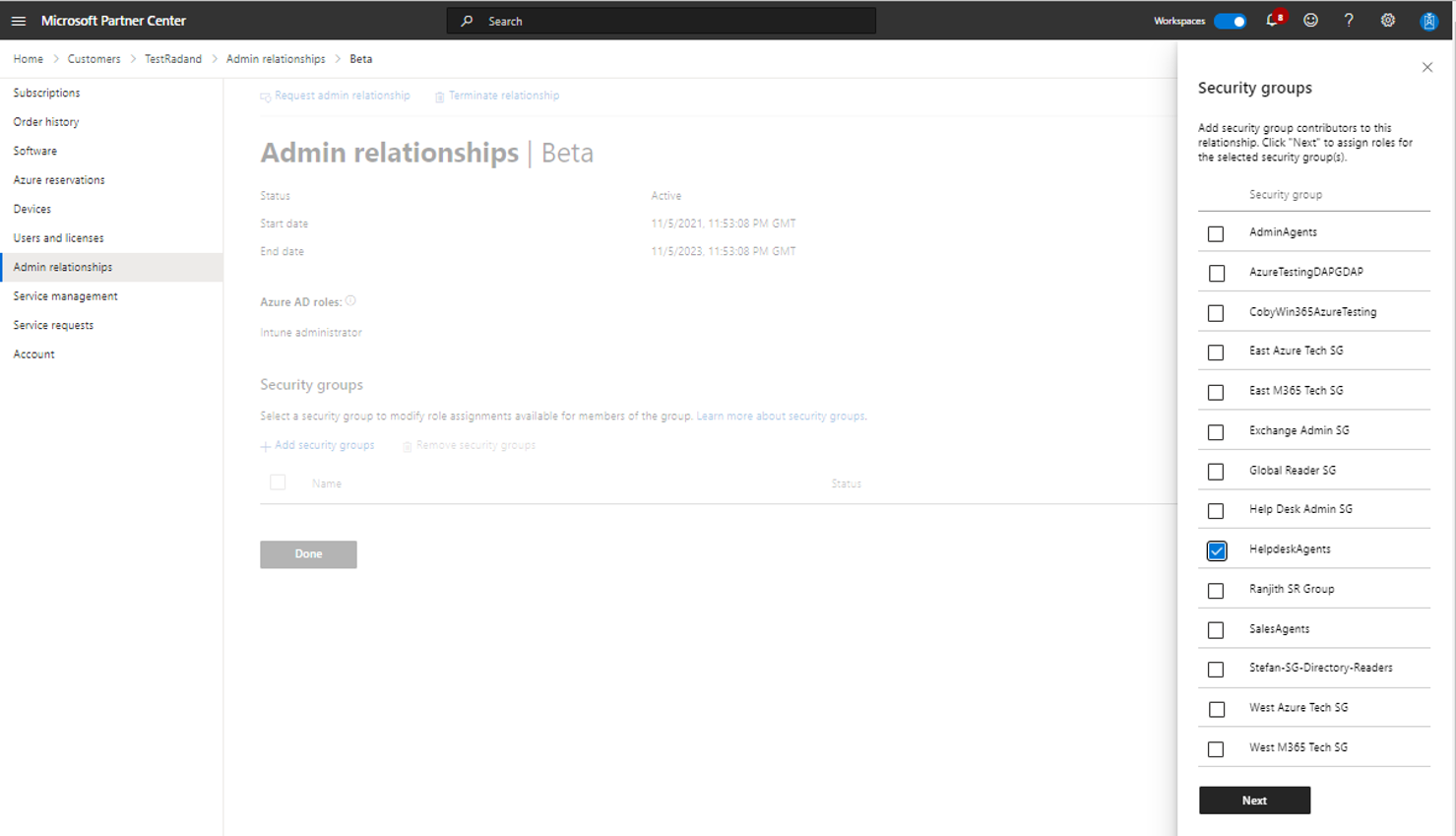 Screenshot depicting admin relationship helpdesk details page.