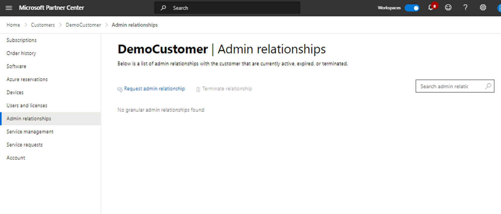 Screenshot depicting customer’s admin relationships page in Partner Center.