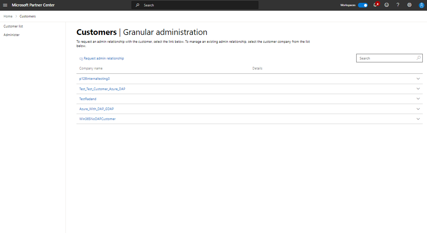 Screenshot depicting granular administration page.
