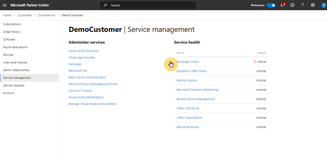 Screenshot depicting a customer service management page.