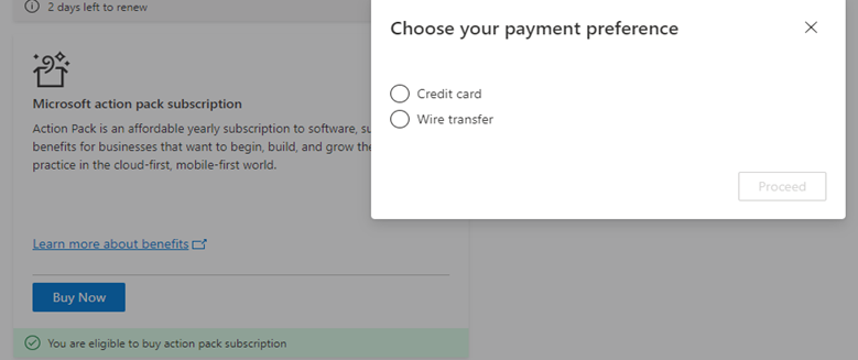 Screenshot of MPN Action Pack payment options page.