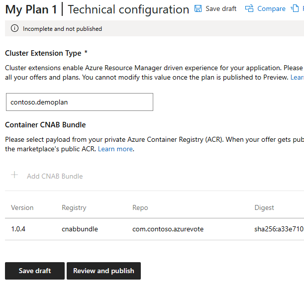 Screenshot illustrating technical configuration of a sample plan, with the container CNAB bundle details.