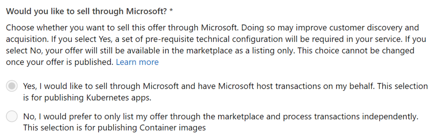 A screenshot of the Azure portal showing a selector to sell through Microsoft or only list the offer through Microsoft.
