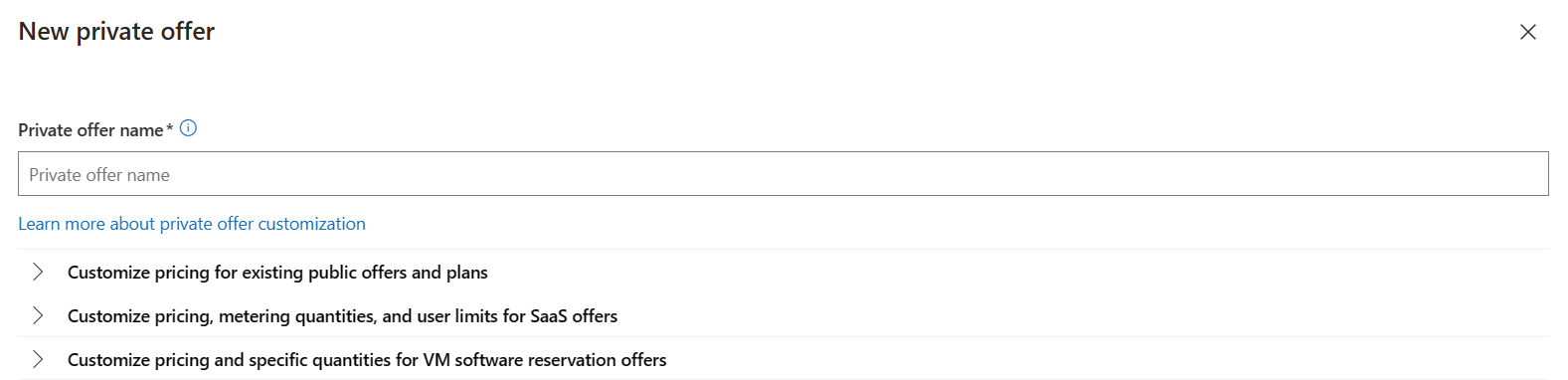 Screenshot that shows the new private offers fields in Partner Center.
