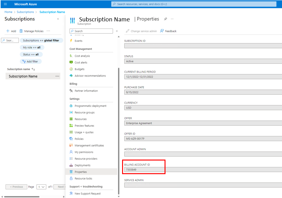 Screenshot showing subscription name properties.