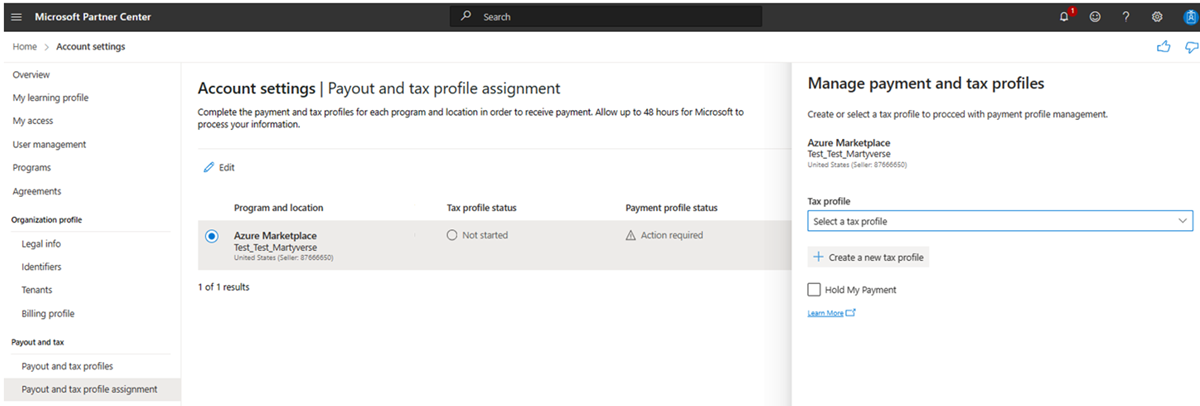 Illustrates Payout and tax profile assignment page.