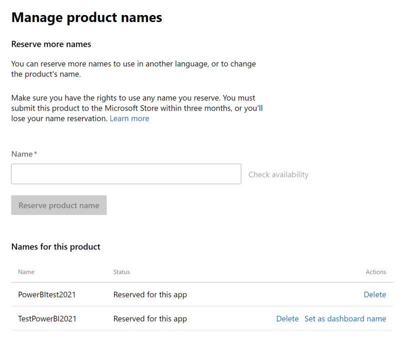 Shows the tab for managing product names in a Power BI visual offer.