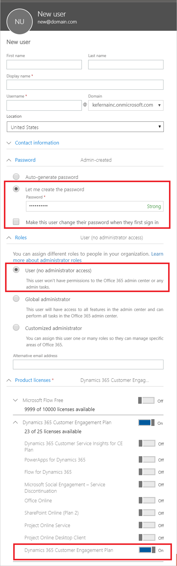 Screenshot illustrating the Microsoft 365 admin center New user pane.