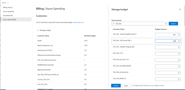 Screenshot shows the new Beta version of the Azure spend page, with a list of customers set up with Azure spending budgets in Partner Center.