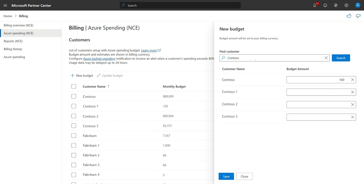 Screenshot shows the new NCE version of the Azure spend page, with a list of customers set up with Azure spending budgets in Partner Center.