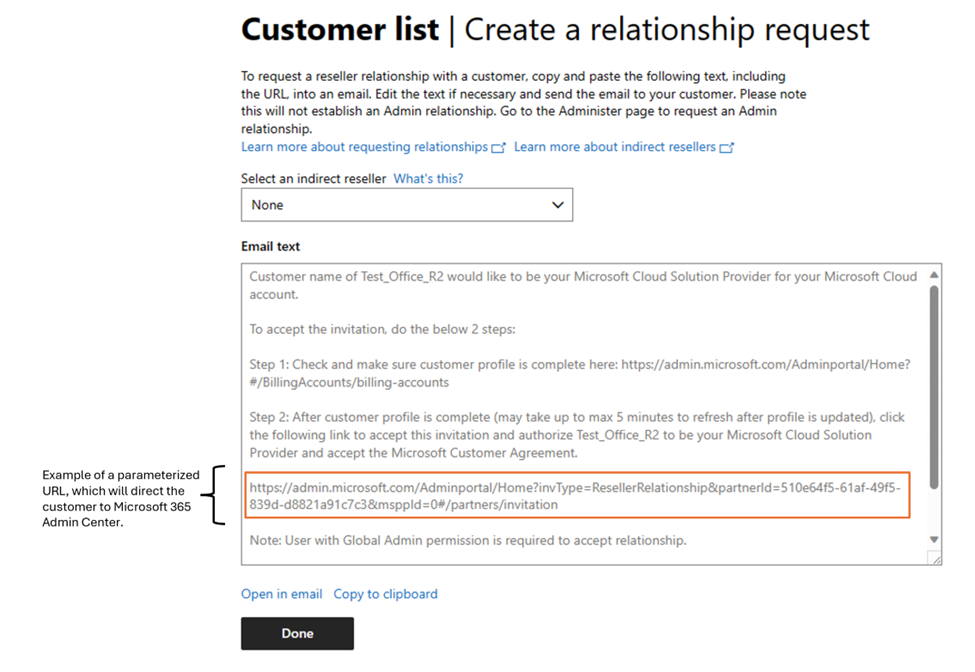 Screenshot showing create a relationship screen in Partner Center.